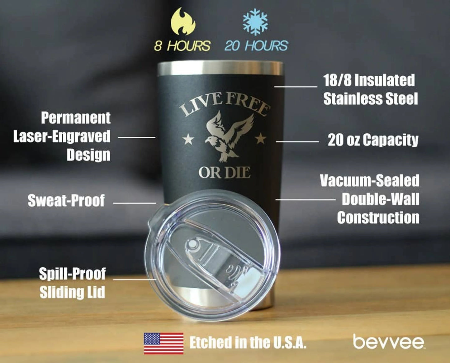 Live Free or Die Insulated Travel Tumbler - Patriotic Gifts