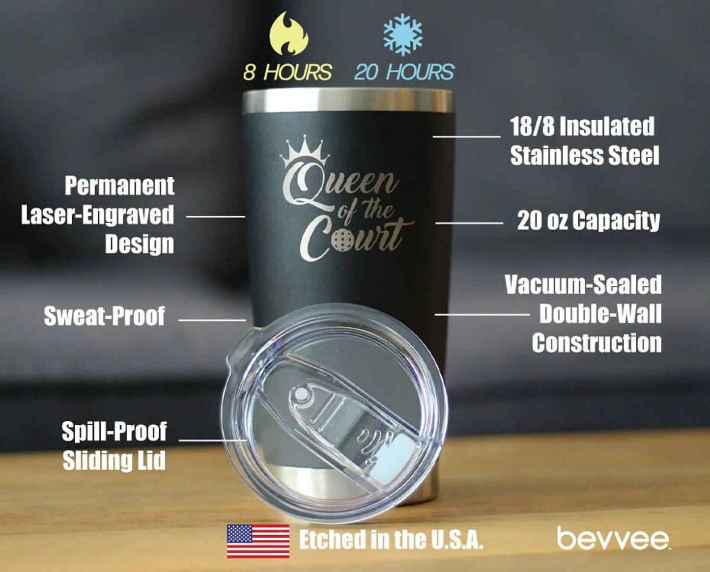 Queen of the Court Insulated Travel Tumbler Pickleball Gifts